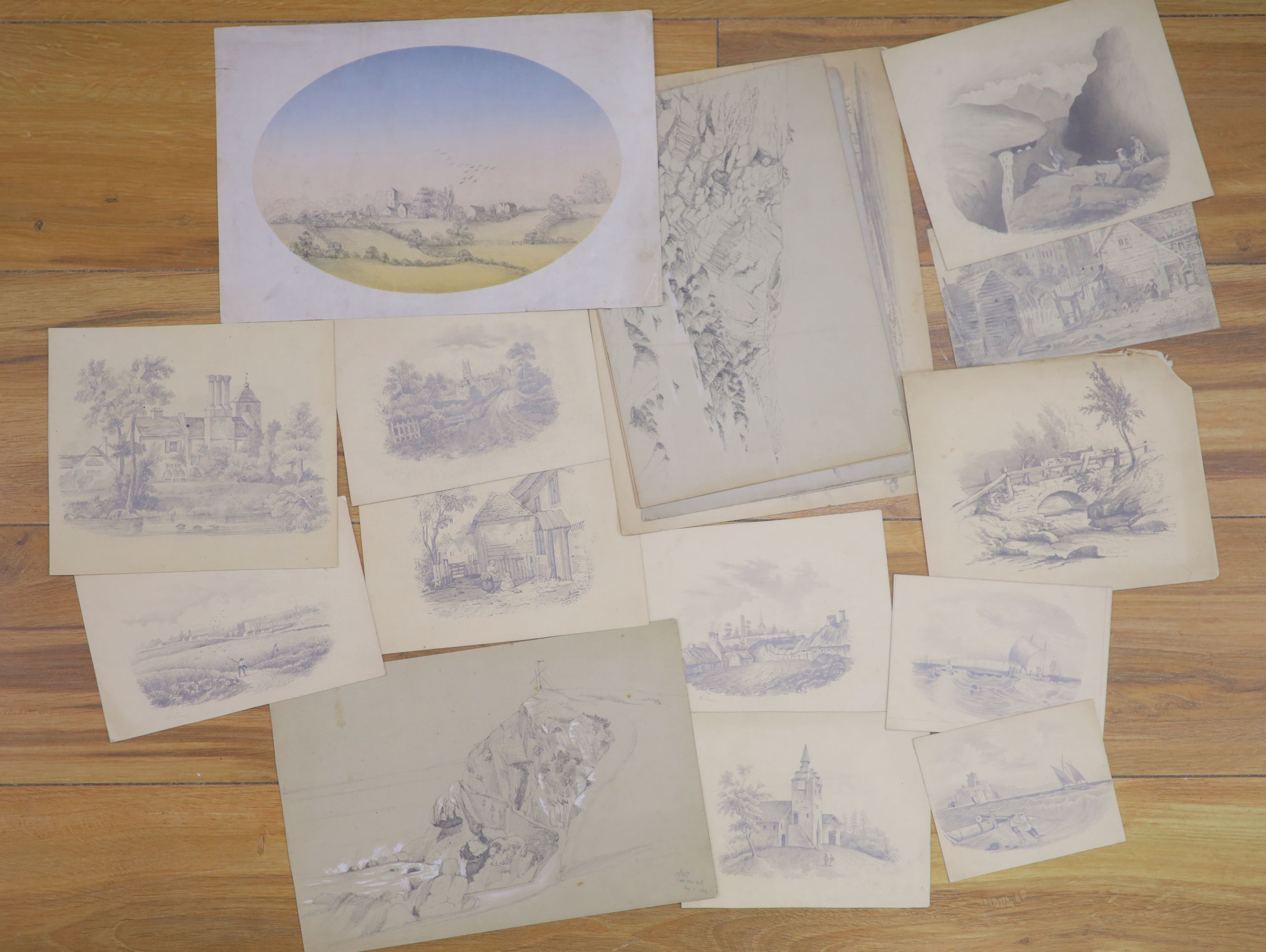 A group of assorted Victorian pencil topographical views, largest 28 x 20cm, unframed